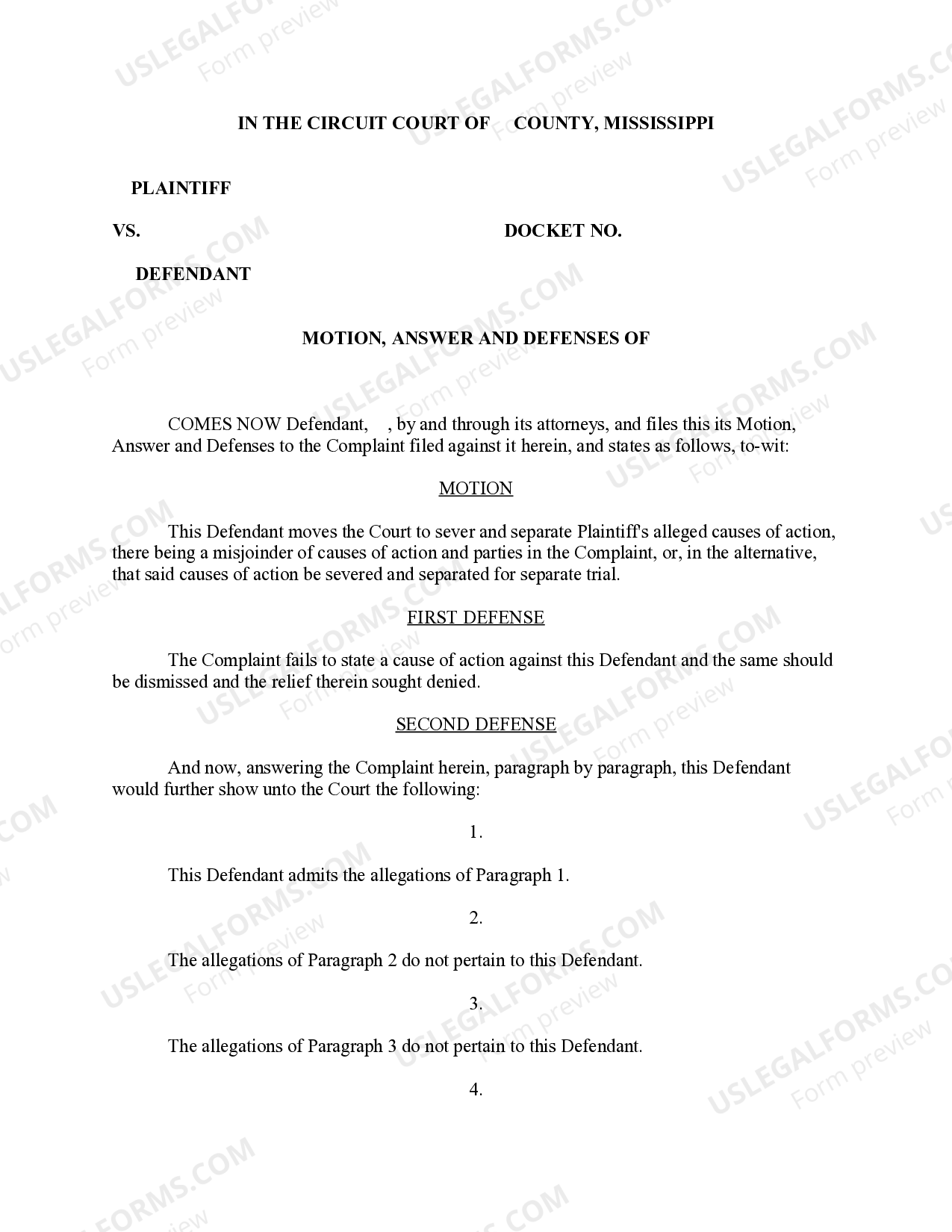 Mississippi Motion, Answer and Defenses US Legal Forms