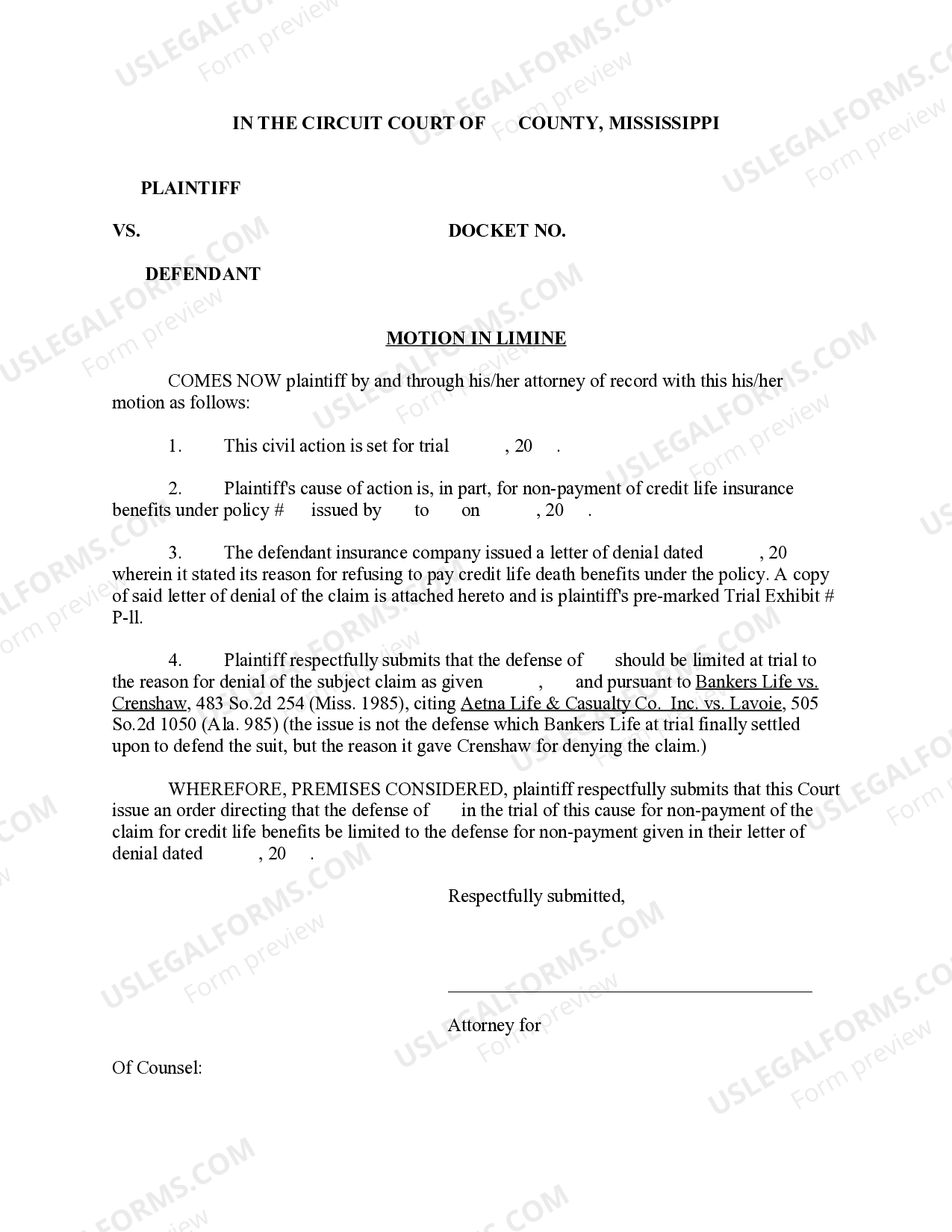 Mississippi Motion in Limine US Legal Forms