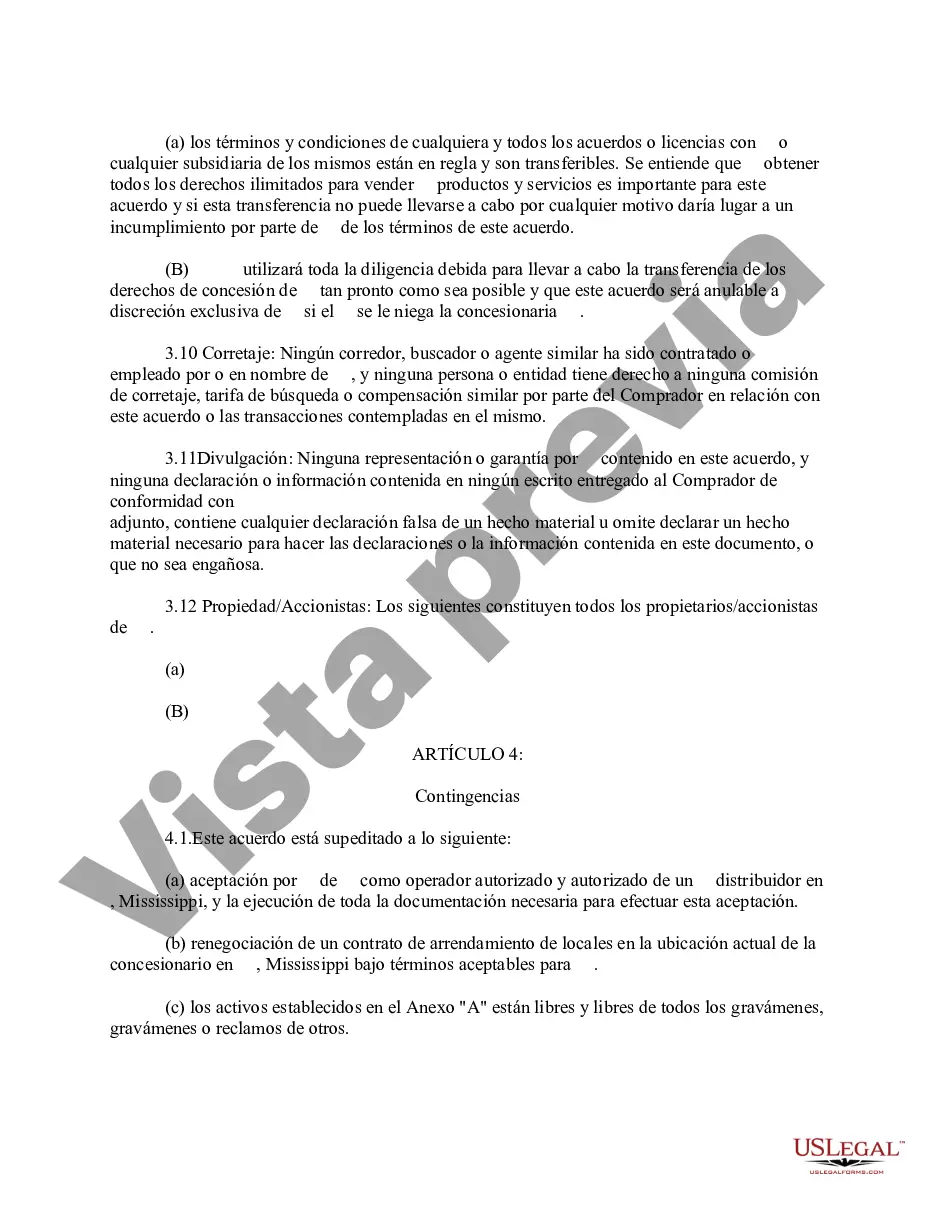 Preview Acuerdo de compra de activos para la venta de un concesionario de automóviles