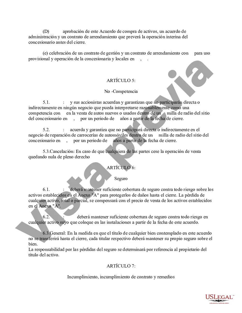 Preview Acuerdo de compra de activos para la venta de un concesionario de automóviles