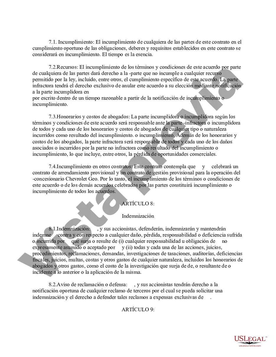 Preview Acuerdo de compra de activos para la venta de un concesionario de automóviles