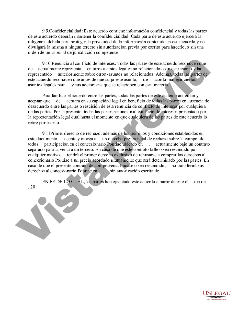 Preview Acuerdo de compra de activos para la venta de un concesionario de automóviles