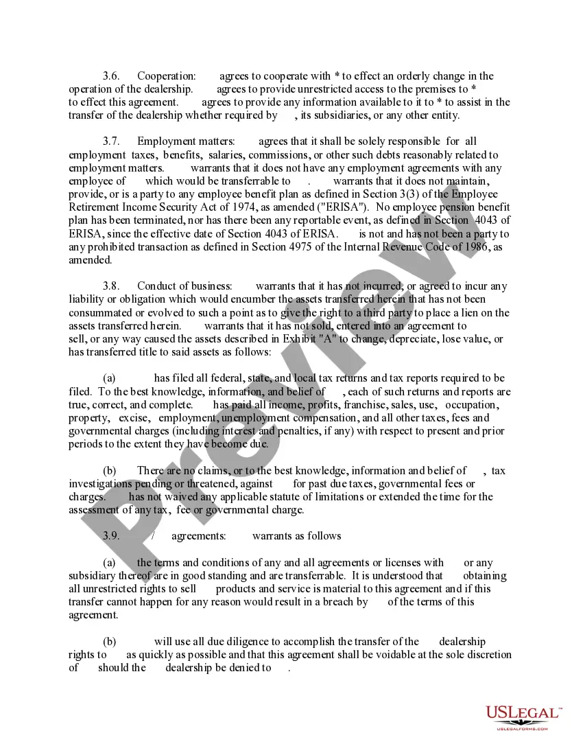 Preview Asset Purchase Agreement for the Sale of Car Dealership