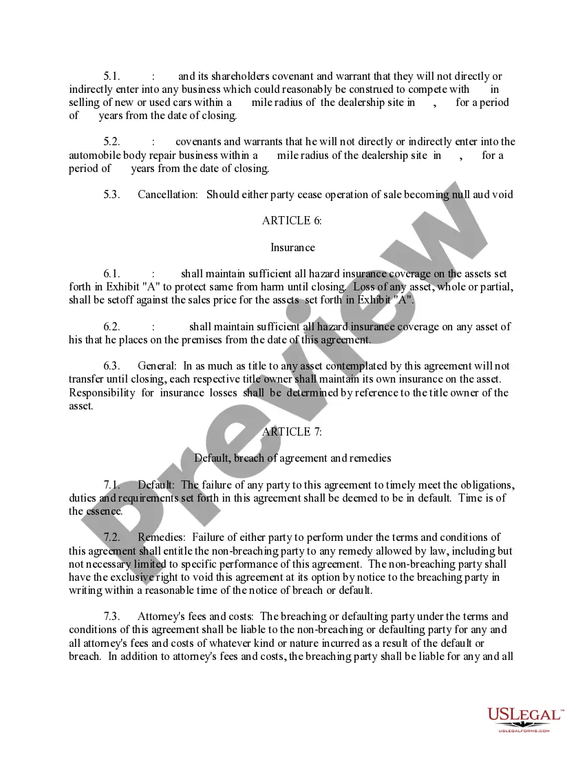 Preview Asset Purchase Agreement for the Sale of Car Dealership