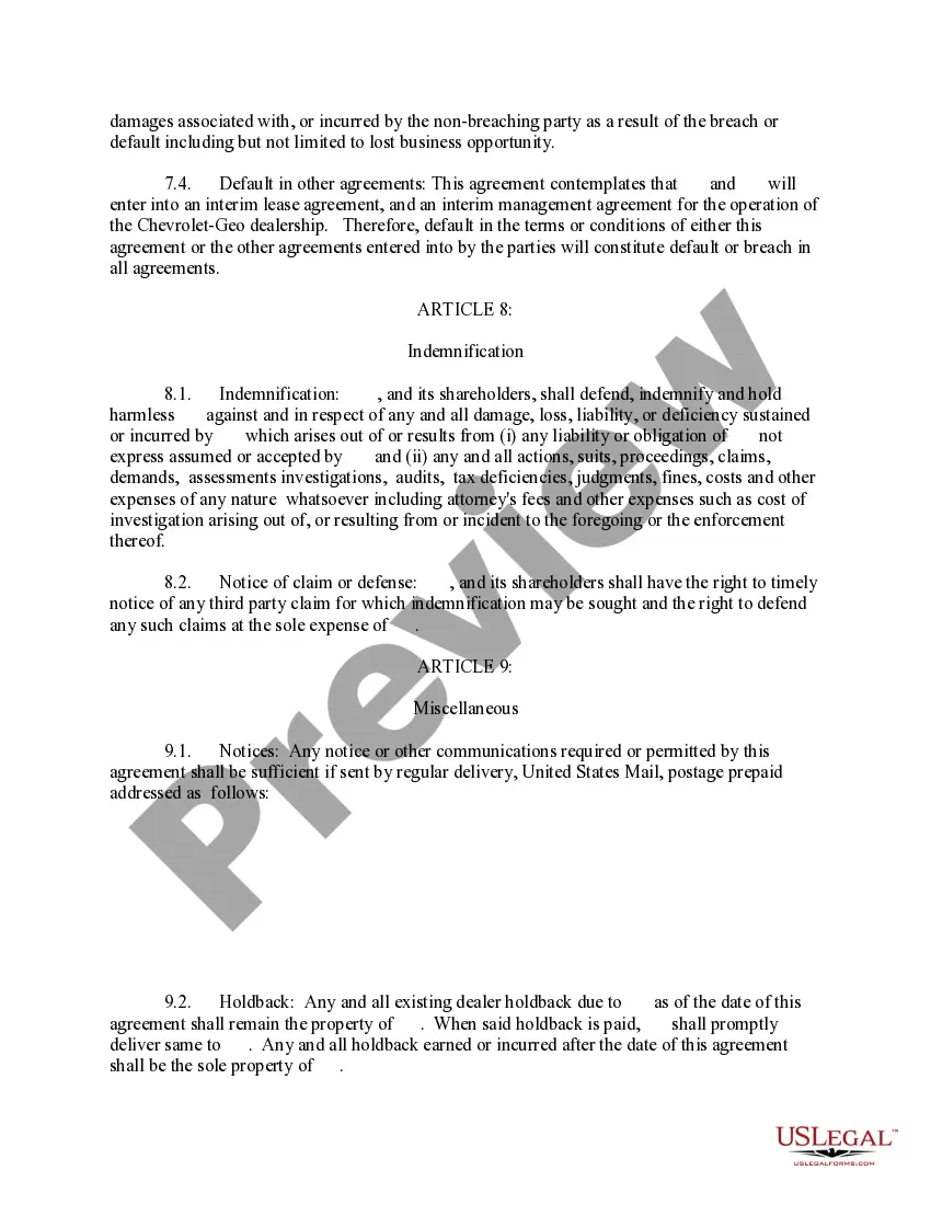 Preview Asset Purchase Agreement for the Sale of Car Dealership