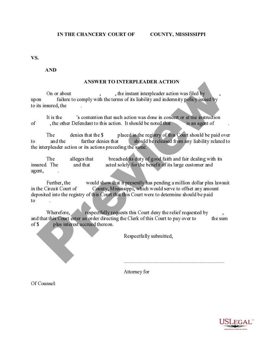 Mississippi Answer to Interpleader Action Answer To Interpleader