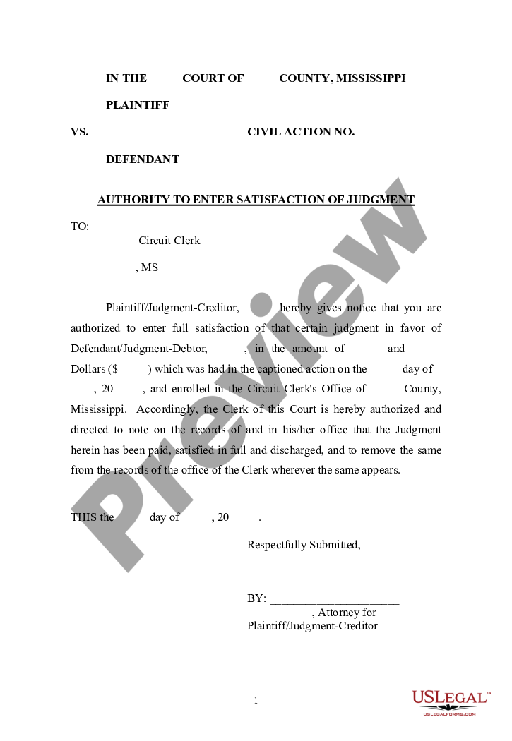 Mississippi Authority To Enter Satisfaction Of Judgment Us Legal Forms 0195