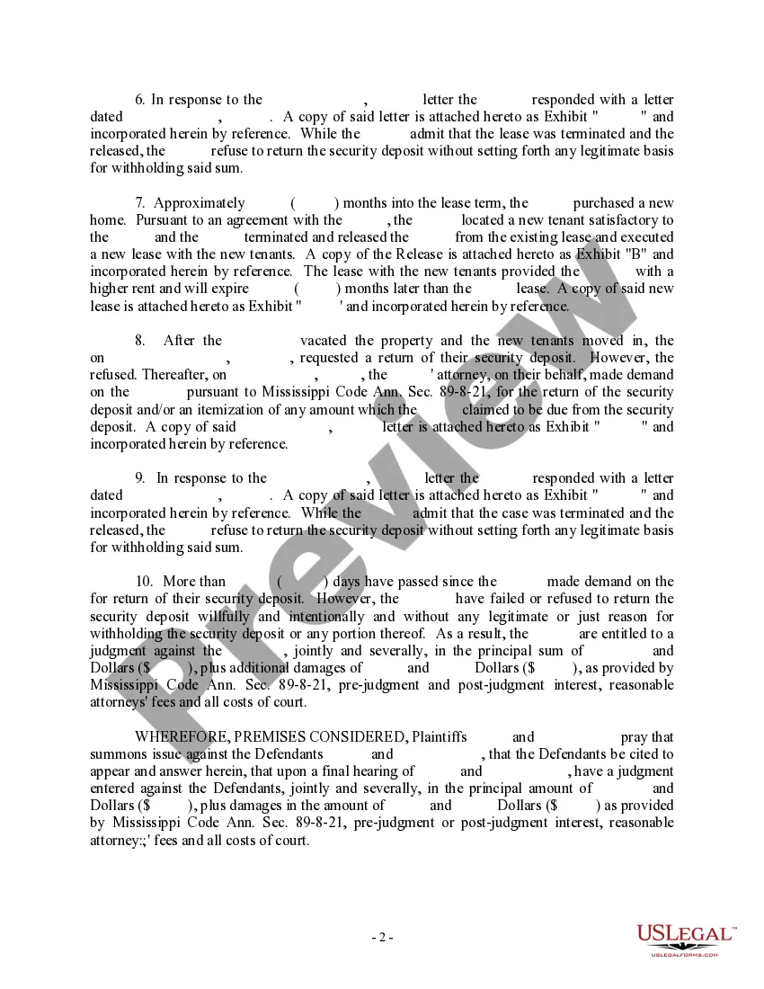 Get Complaint - Lessor Failure to Return Security Deposit Preview Complaint - Lessor Failure to Return Security Deposit