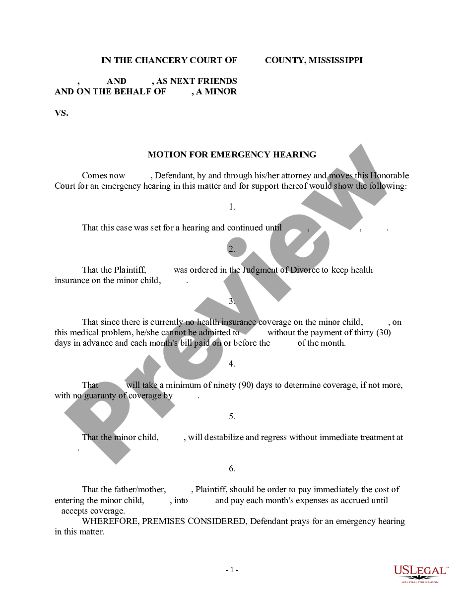 page 0 Motion for Emergency Hearing in Child Support regarding Health Insurance preview