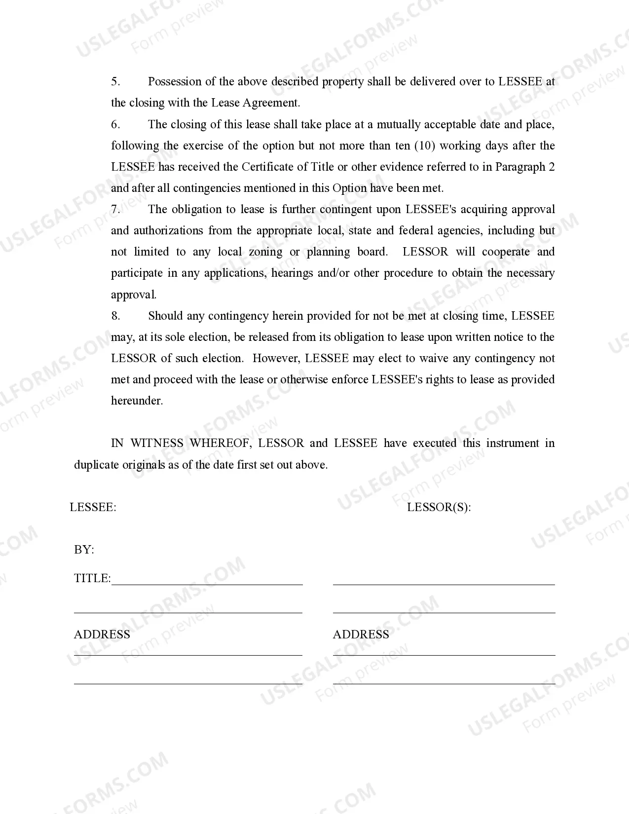 Preview Option to Lease Real Estate - Long Form