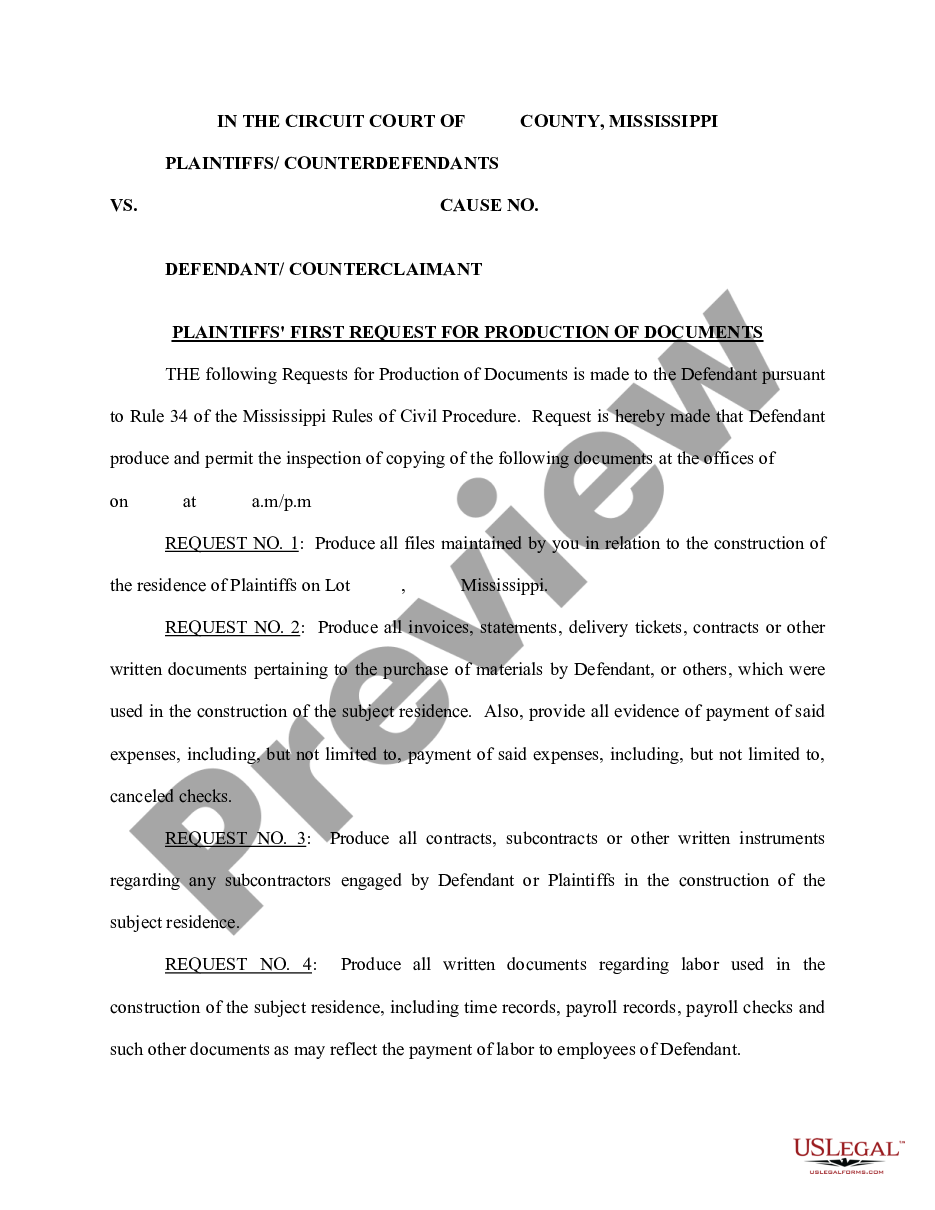 form Plaintiff's First Request for Production of Documents preview
