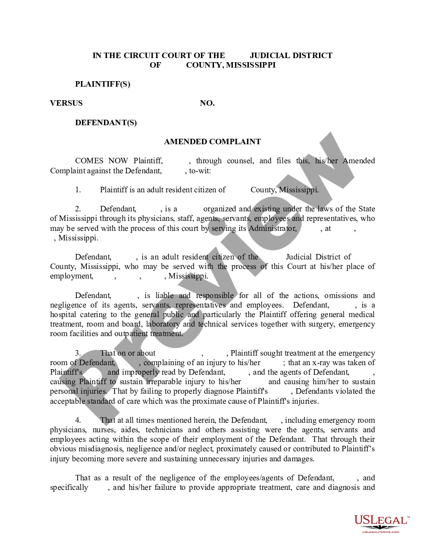 Mississippi Amended Complaint - Sample Amended Complaint | US Legal Forms