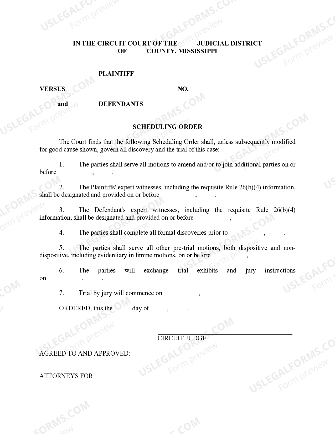 Mississippi Scheduling Order - Scheduling Order Agreement | US Legal Forms