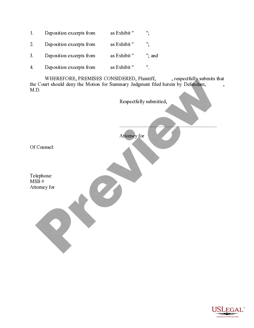 Preview Response to Motion of Summary Judgment