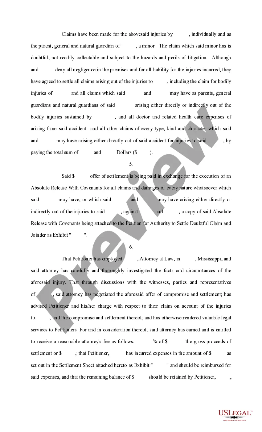 Get Petition for Authority to Settle Doubtful Claim, With Joinder Preview Petition for Authority to Settle Doubtful Claim, With Joinder