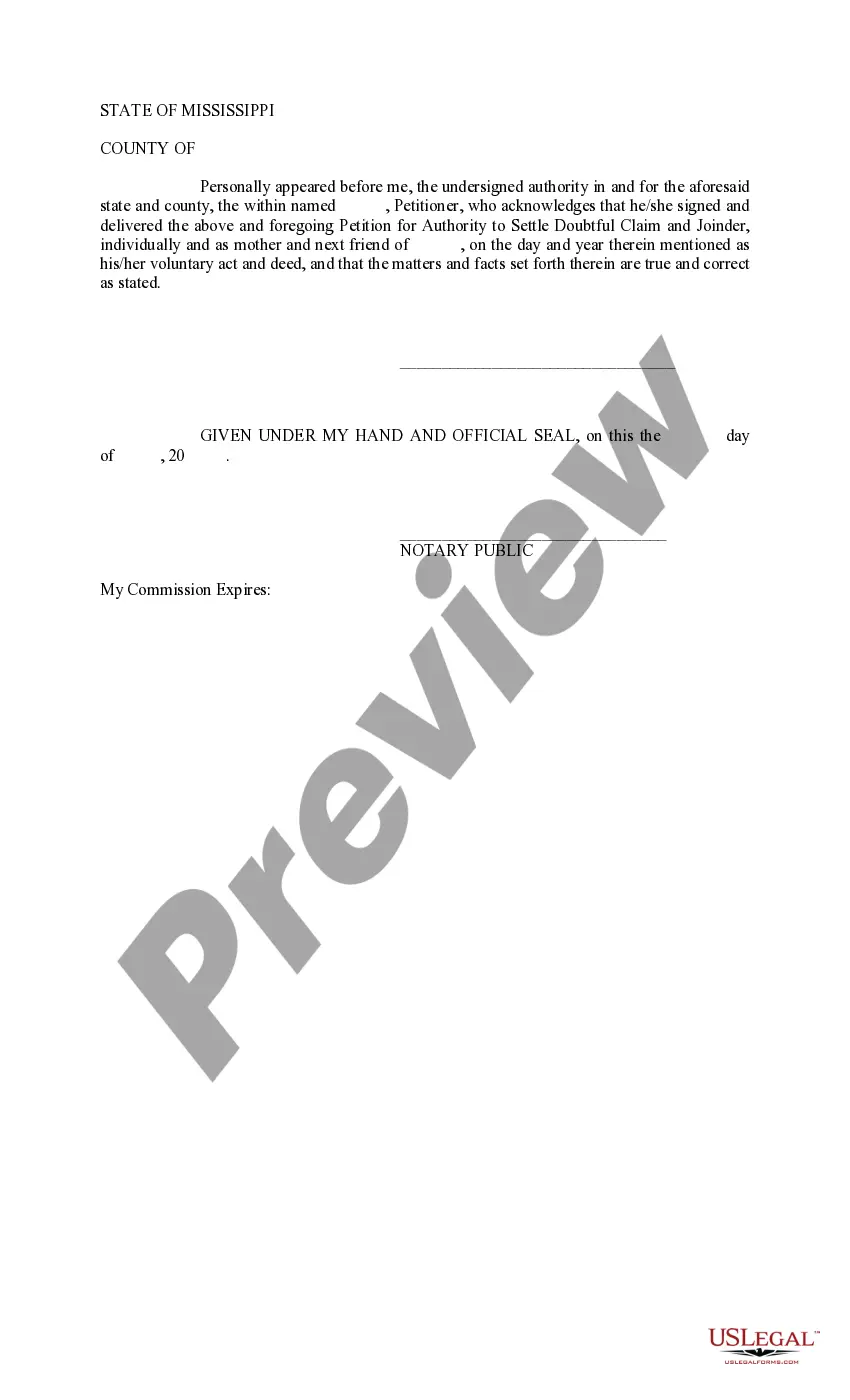 Get Petition for Authority to Settle Doubtful Claim, With Joinder Preview Petition for Authority to Settle Doubtful Claim, With Joinder