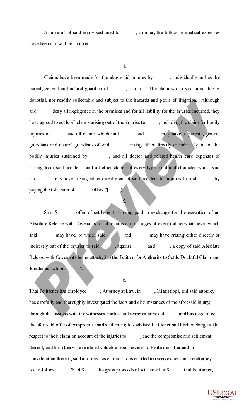 Get Petition for Authority to Settle Doubtful Claim, With Joinder Preview Petition for Authority to Settle Doubtful Claim, With Joinder
