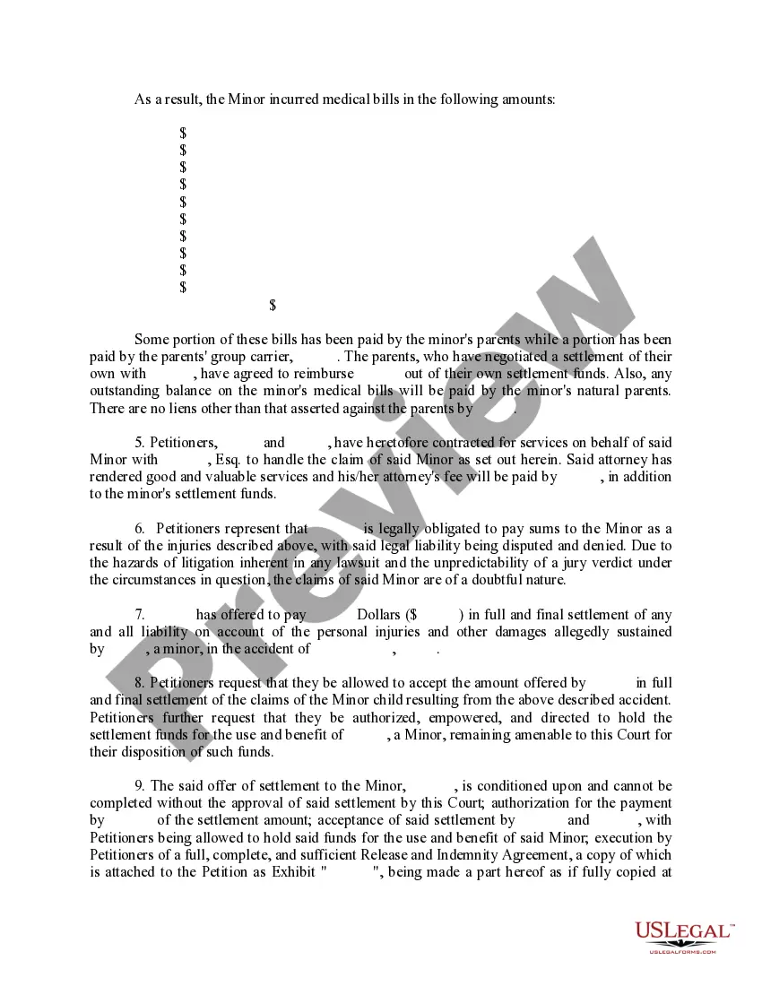 Get Petition for Authority to Compromise and Settle Claim of Minor without Guardianship - Married Parents Preview Petition for Authority to Compromise and Settle Claim of Minor without Guardianship - Married Parents