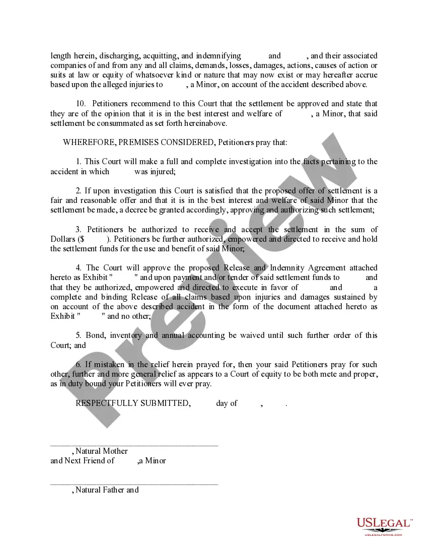 Get Petition for Authority to Compromise and Settle Claim of Minor without Guardianship - Married Parents Preview Petition for Authority to Compromise and Settle Claim of Minor without Guardianship - Married Parents