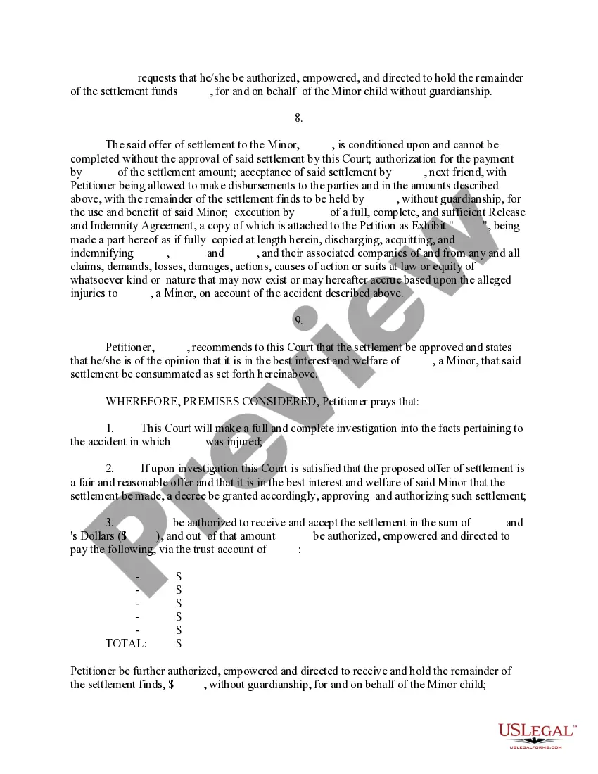 Get Petition for Authority to Compromise and Settle Claim of a Minor without Guardianship - Divorced Parents Preview Petition for Authority to Compromise and Settle Claim of a Minor without Guardianship - Divorced Parents