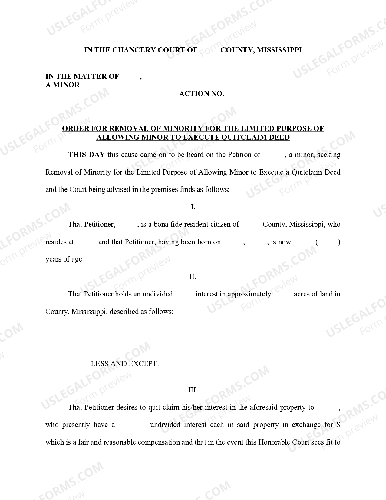 Mississippi Order for Removal of Minority to Execute Quitclaim Deed