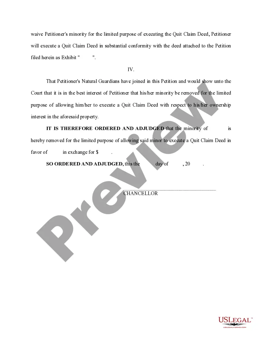 Get Order for Removal of Minority to Execute Quitclaim Deed - Emancipation Preview Order for Removal of Minority to Execute Quitclaim Deed - Emancipation