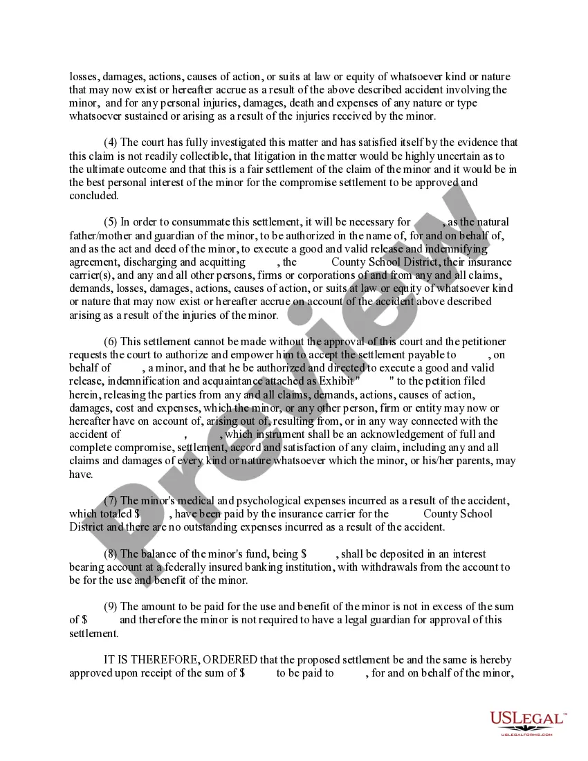 Get Order Approving Compromise and Settlement of Minor's Claim Preview Order Approving Compromise and Settlement of Minor's Claim