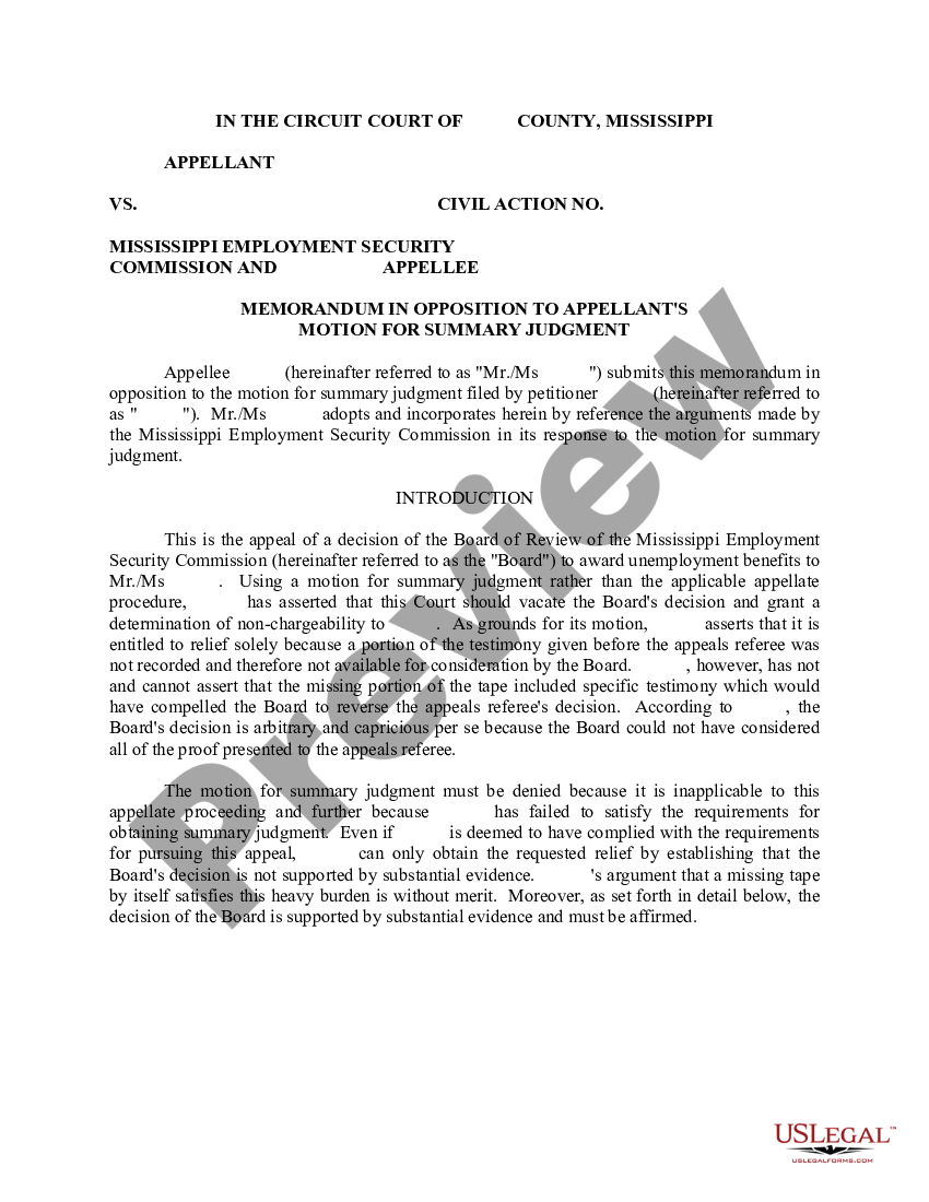 Mississippi Memorandum in Opposition to Appellant's Motion for Summary ...