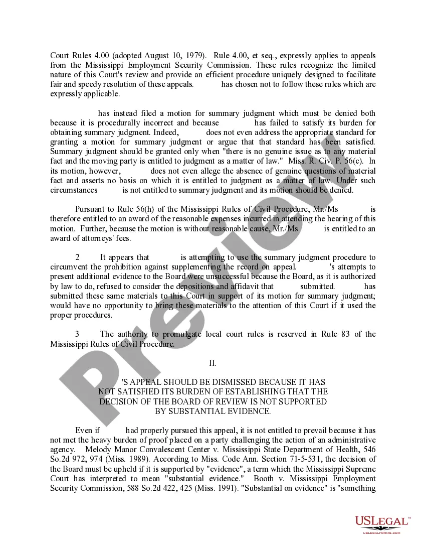 Preview Memorandum in Opposition to Appellant's Motion for Summary Judgment