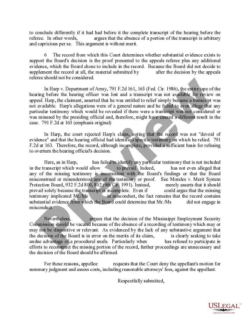 Preview Memorandum in Opposition to Appellant's Motion for Summary Judgment