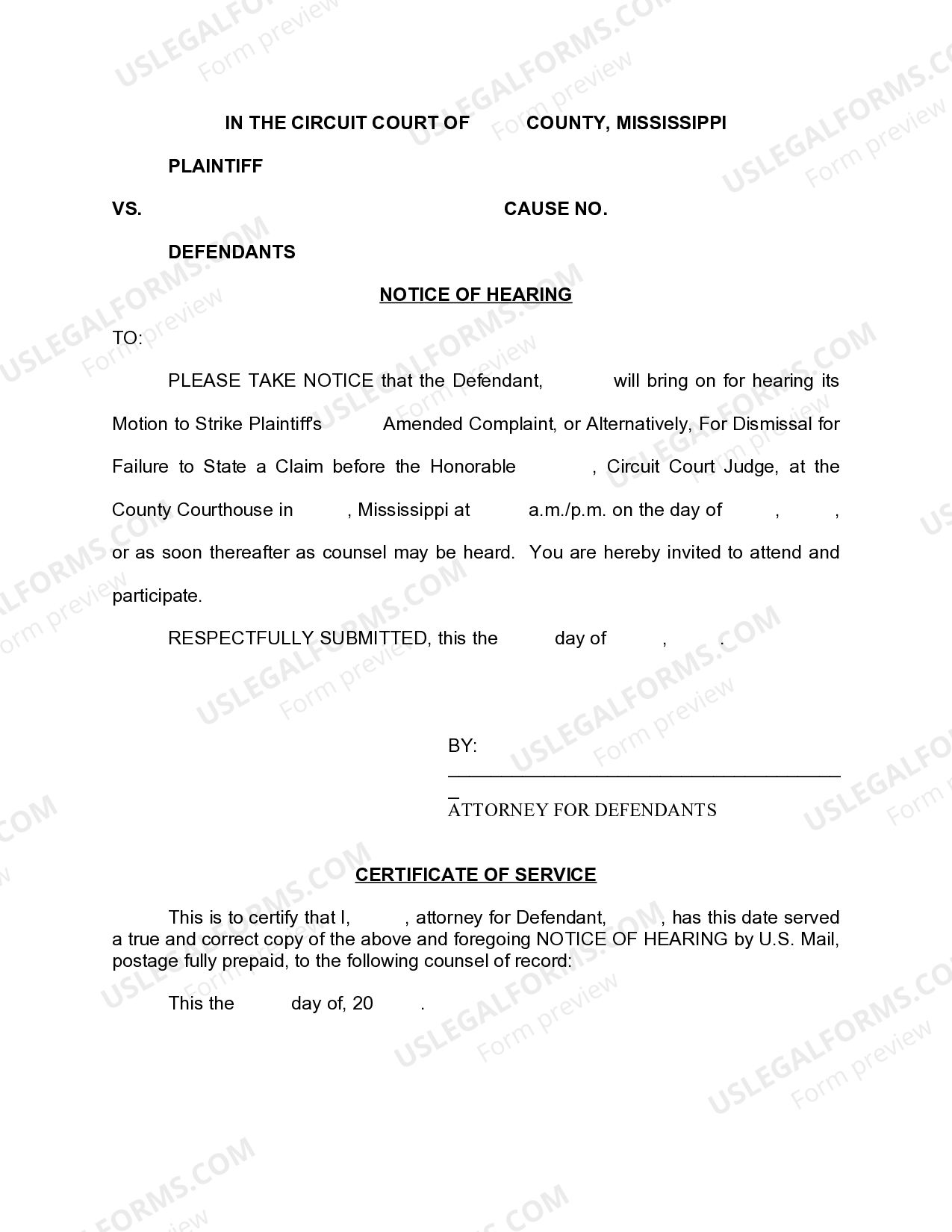 Mississippi Notice of Hearing - Notice Hearing Application | US Legal Forms