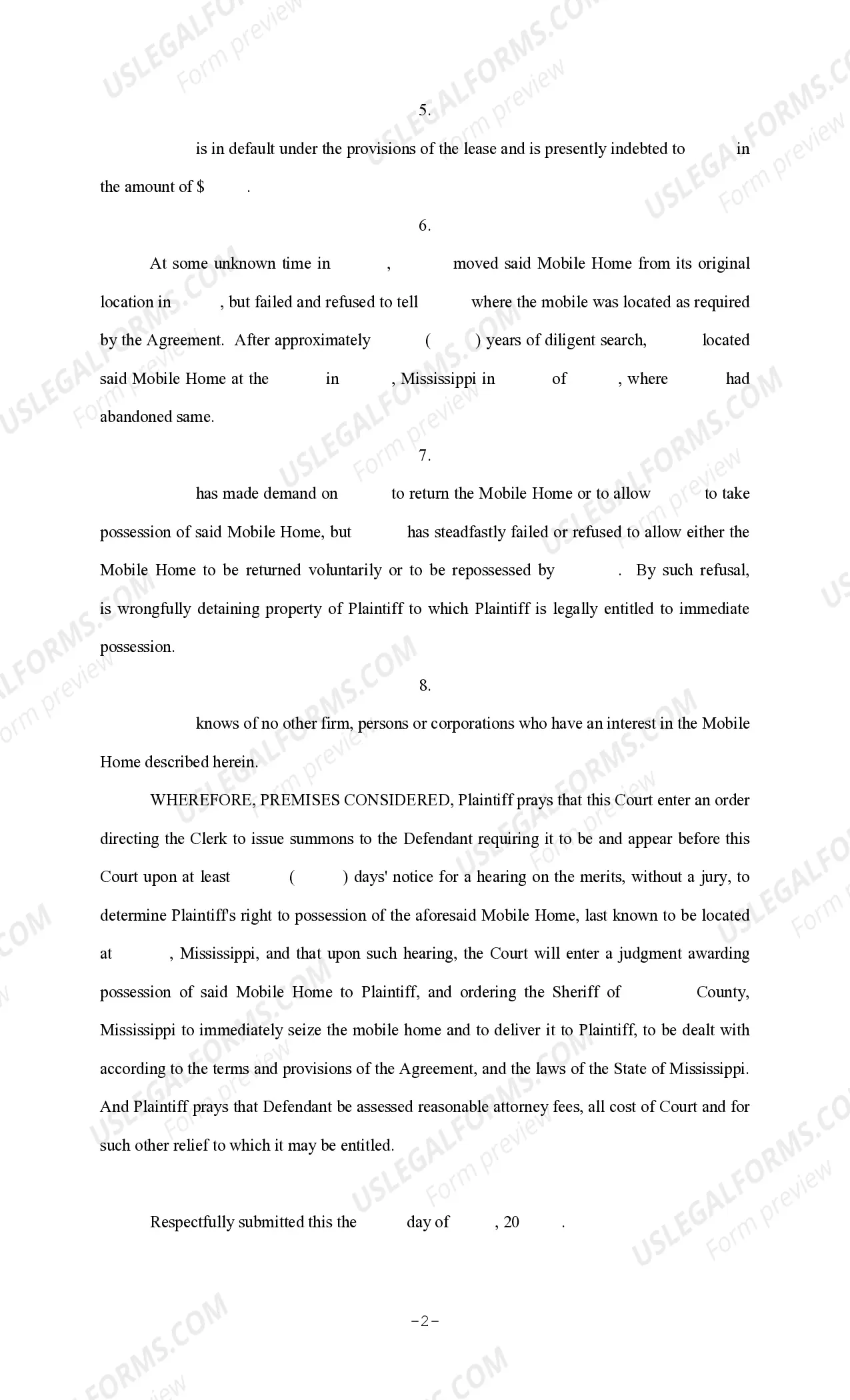 Preview Complaint for Claim and Delivery