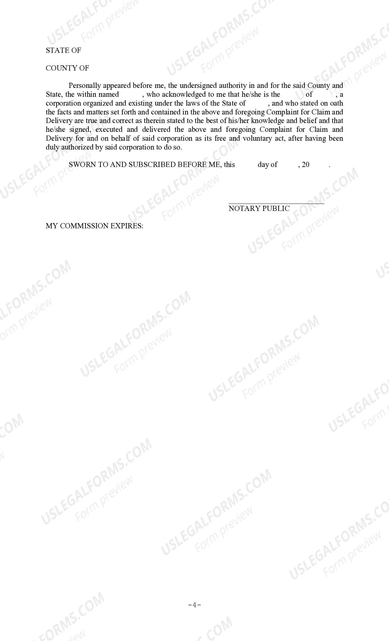 Preview Complaint for Claim and Delivery