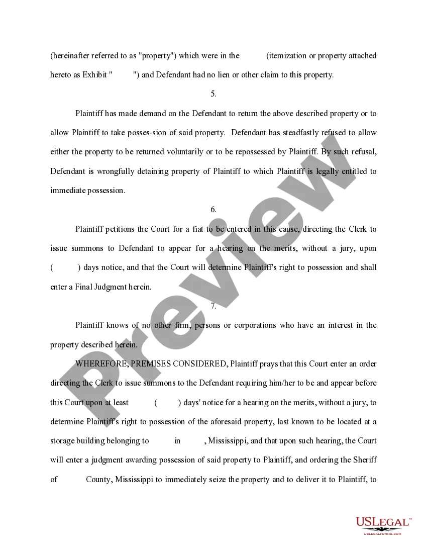 Preview Complaint and Affidavit for Claim and Delivery - Summons - Fiat - Order