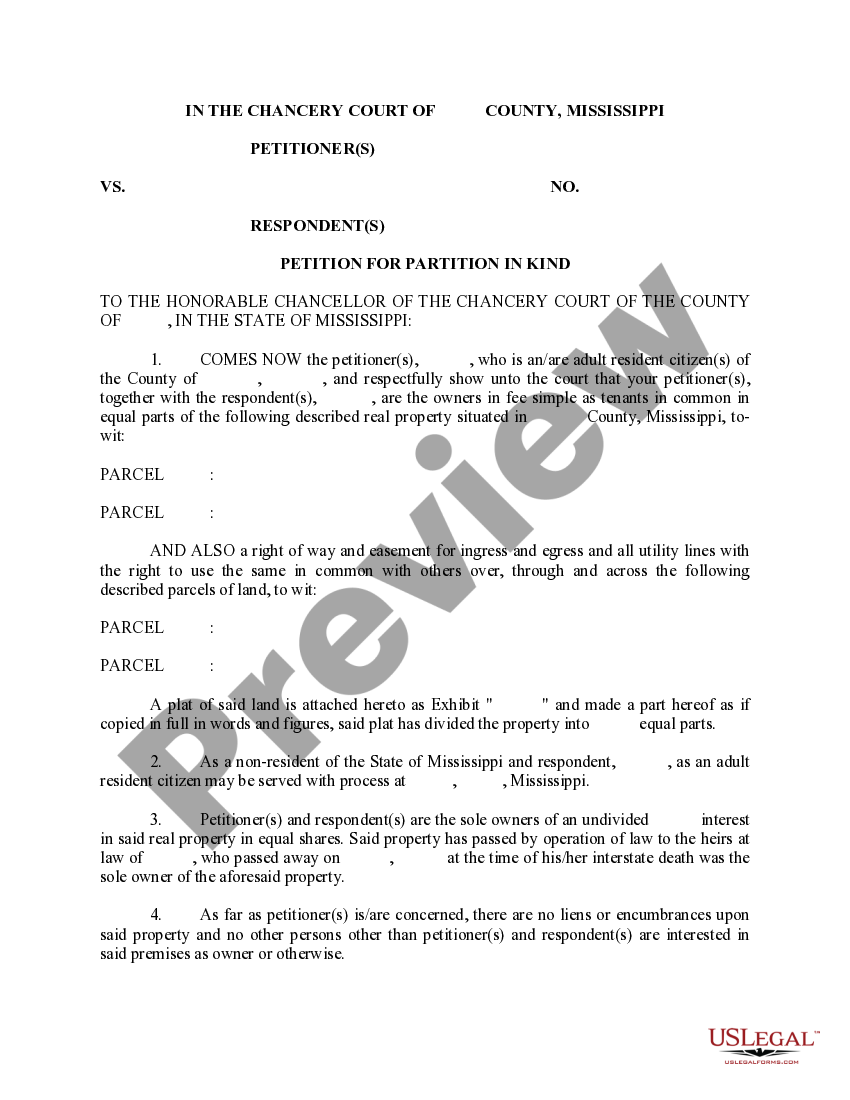 Mississippi Petition for Partition in Kind Mississippi Partition US