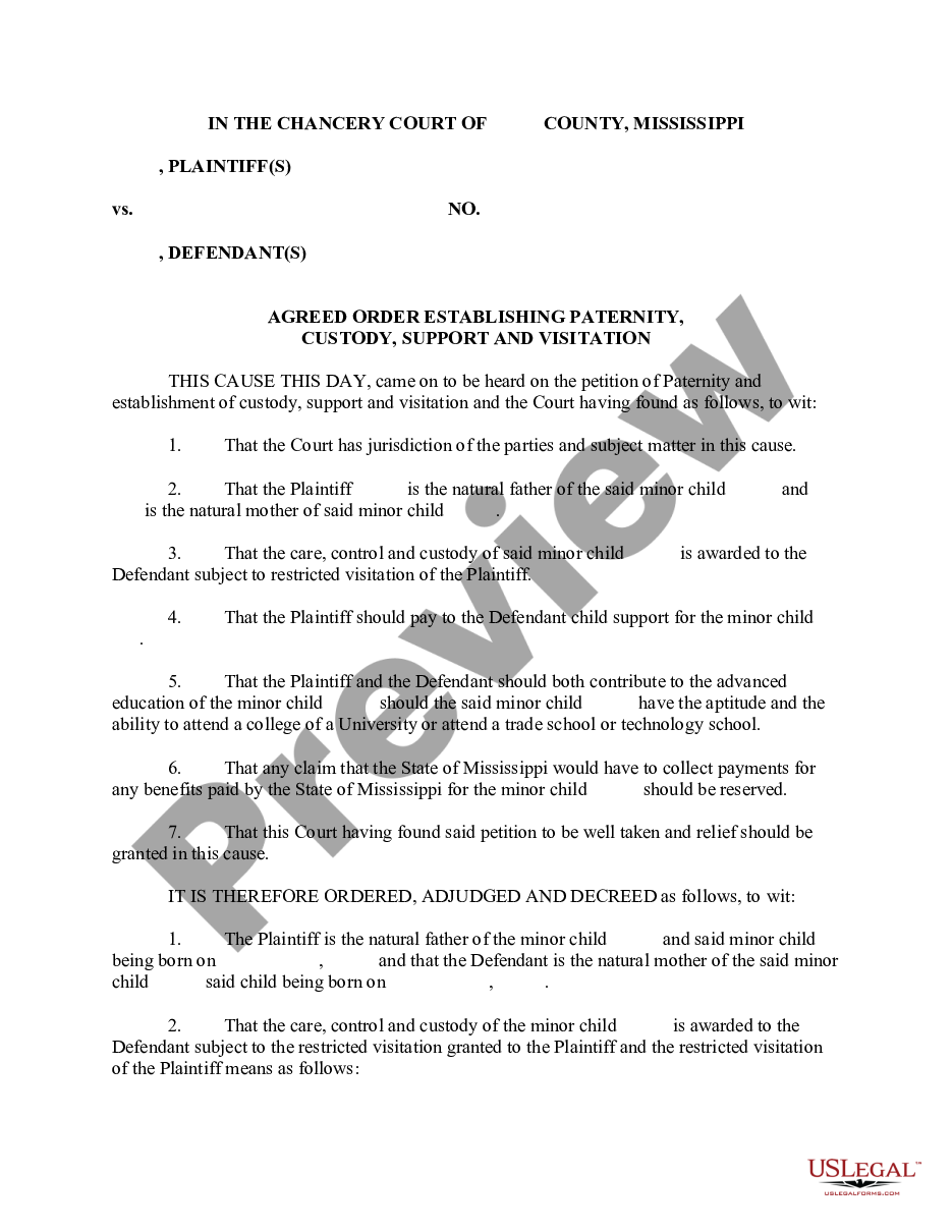 page 0 Agreed Order Establishing Paternity, Custody, Support and Visitation preview