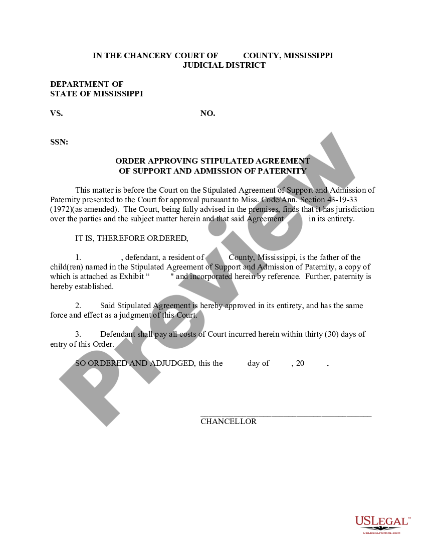 Mississippi Order Approving Stipulated Agreement Of Support And Admission Of Paternity Us 6983