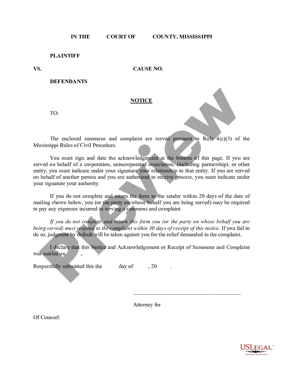 page 0 Notice - served with Complaint and Summons preview