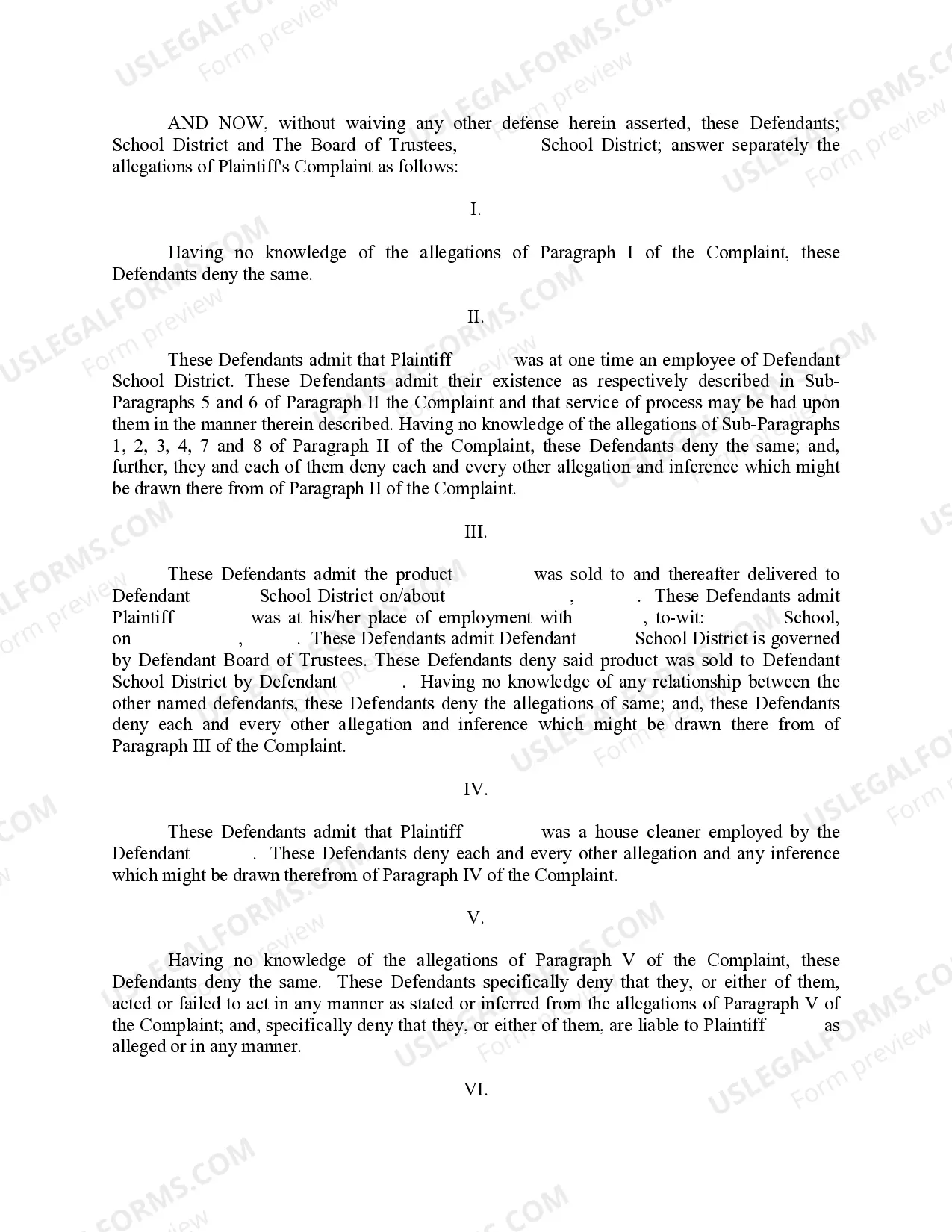 Preview Separate Answer and Defenses of School District