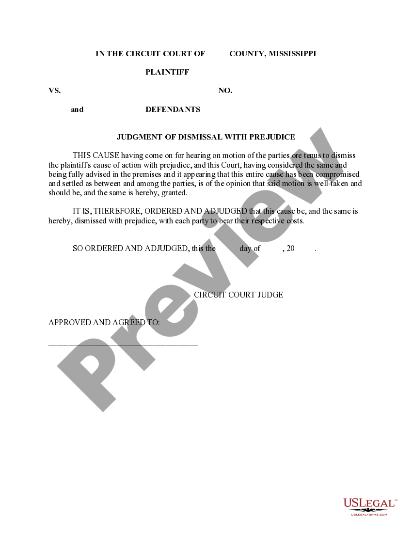 Mississippi Judgment of Dismissal with Prejudice US Legal Forms