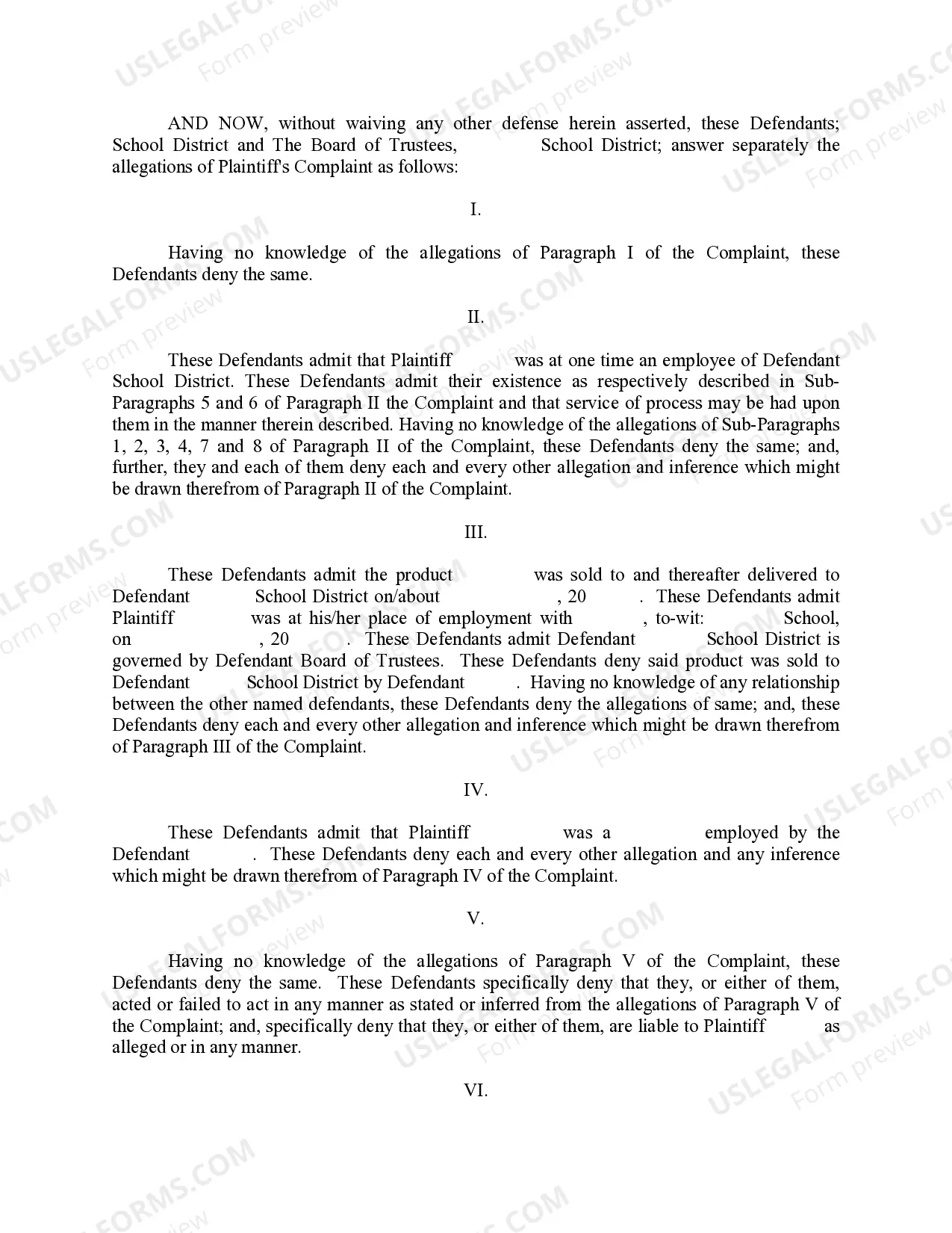 Preview Separate Answer and Defenses of School District
