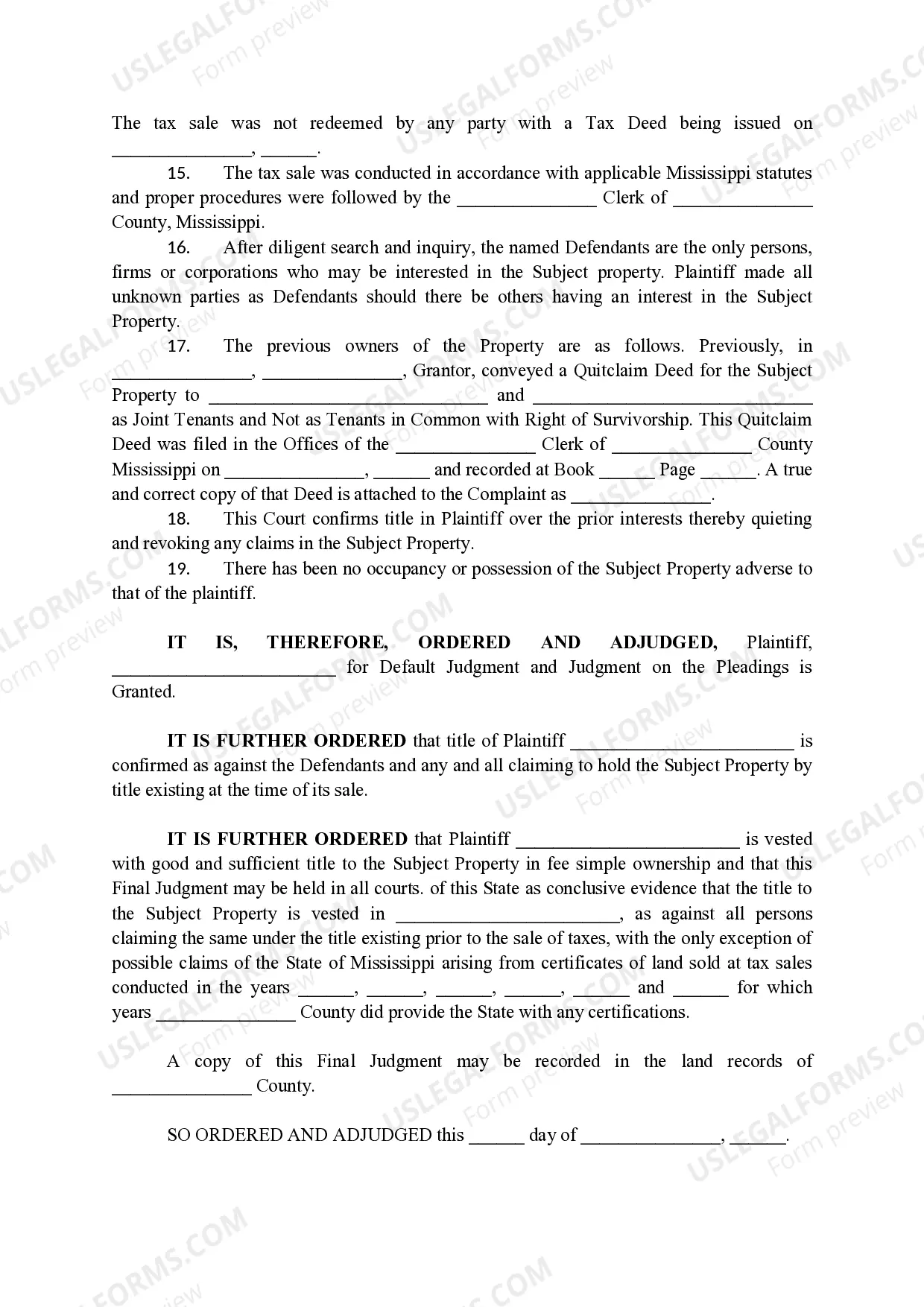 Preview Final Judgment Confirming Tax Title