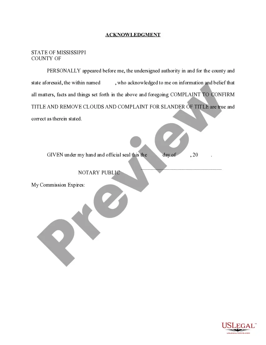 Get Complaint to Confirm Title and Remove Clouds and Complaint for Slander of Title Preview Complaint to Confirm Title and Remove Clouds and Complaint for Slander of Title
