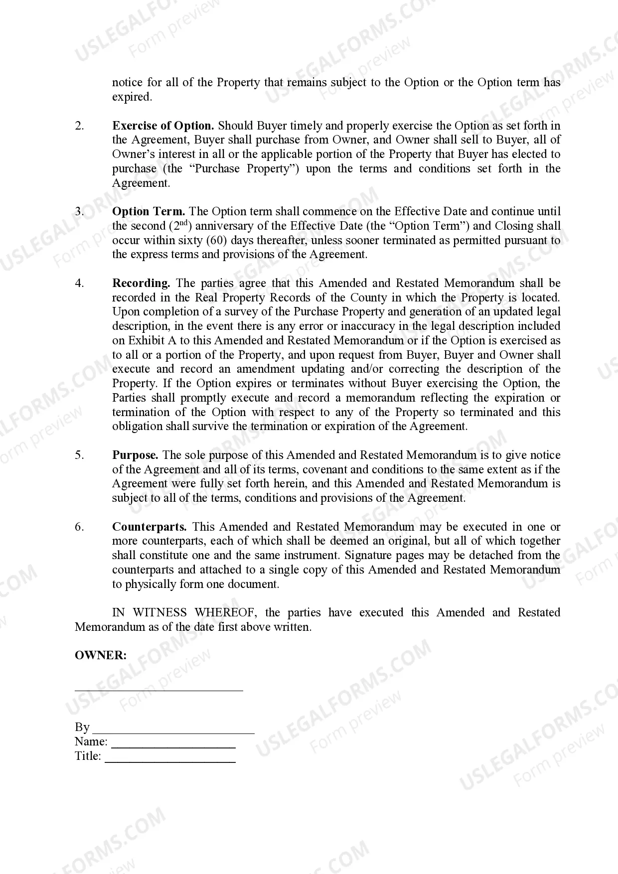 Preview Amended and Restated Memorandum of Option