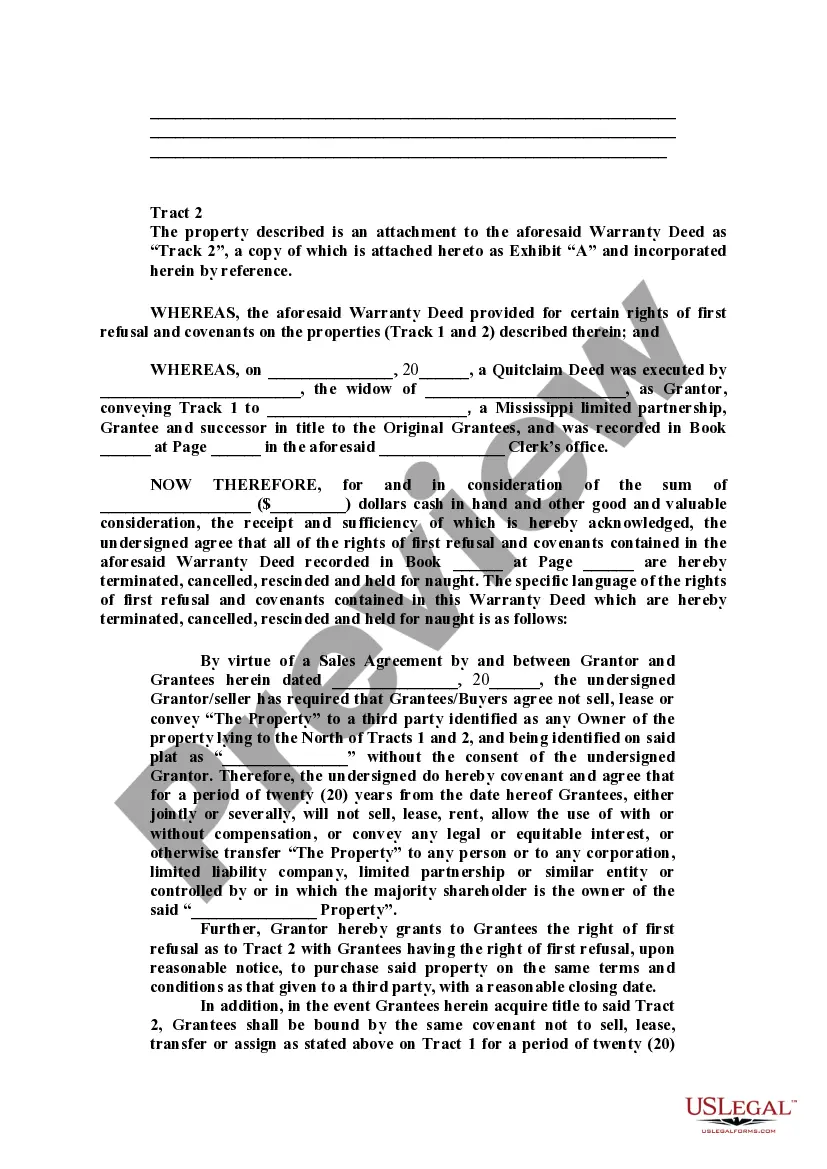 Preview Agreement for the Termination and Cancellation of Rights of First Refusal and Covenants