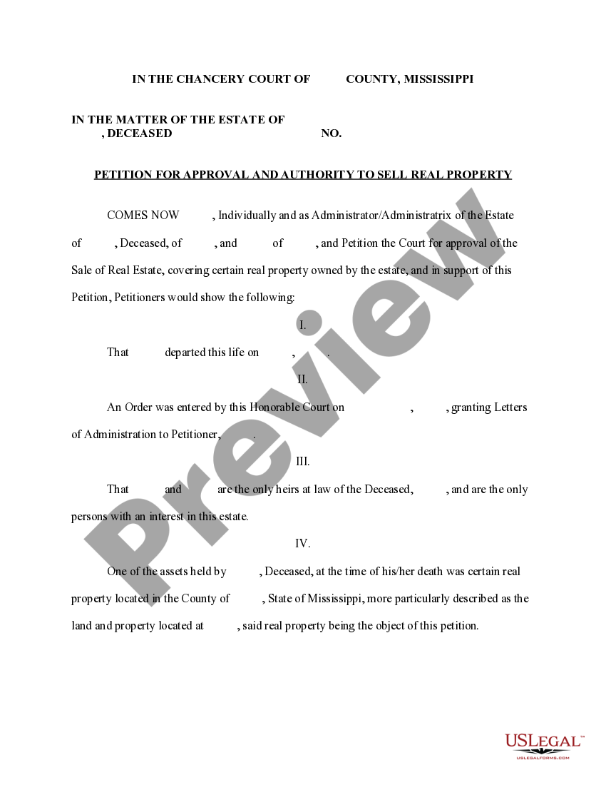 Mississippi Petition for Approval and Authority to Sell Real Property Petition To Approve