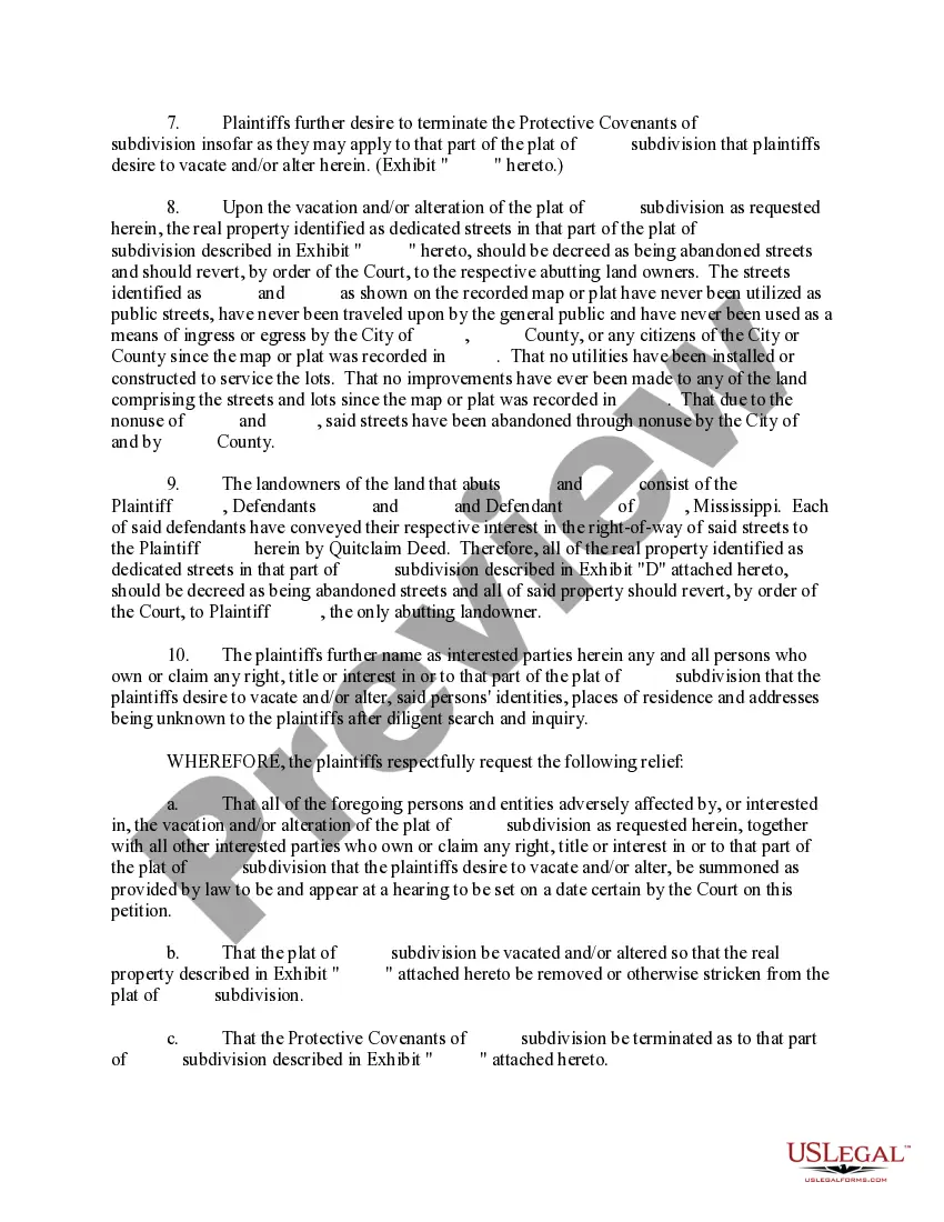 Get Complaint to Vacate and / or Alter a Recorded Plat and for other Relief Preview Complaint to Vacate and / or Alter a Recorded Plat and for other Relief
