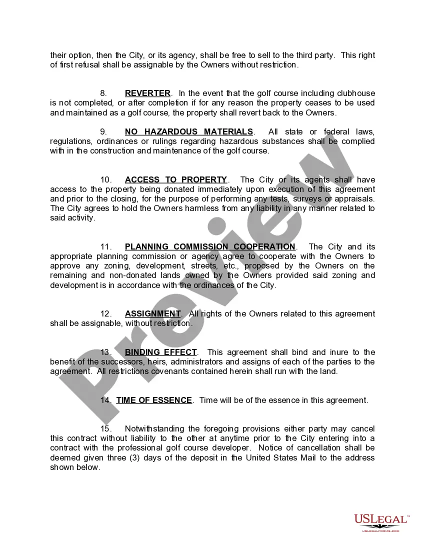 Get Agreement for Donation of Land to City Preview Agreement for Donation of Land to City