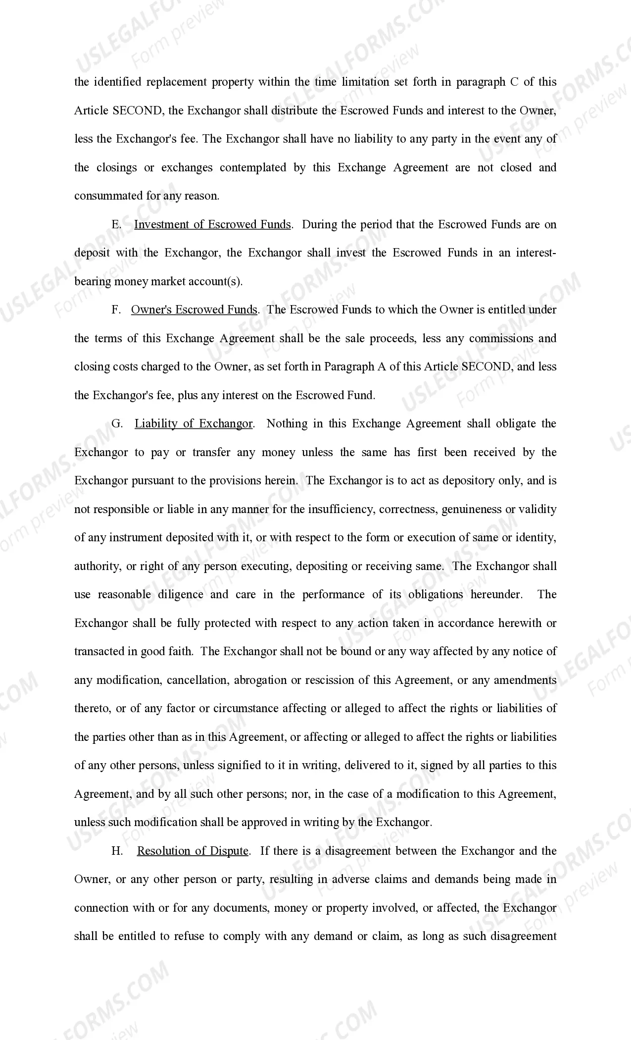 Preview Tax Free Exchange Agreement