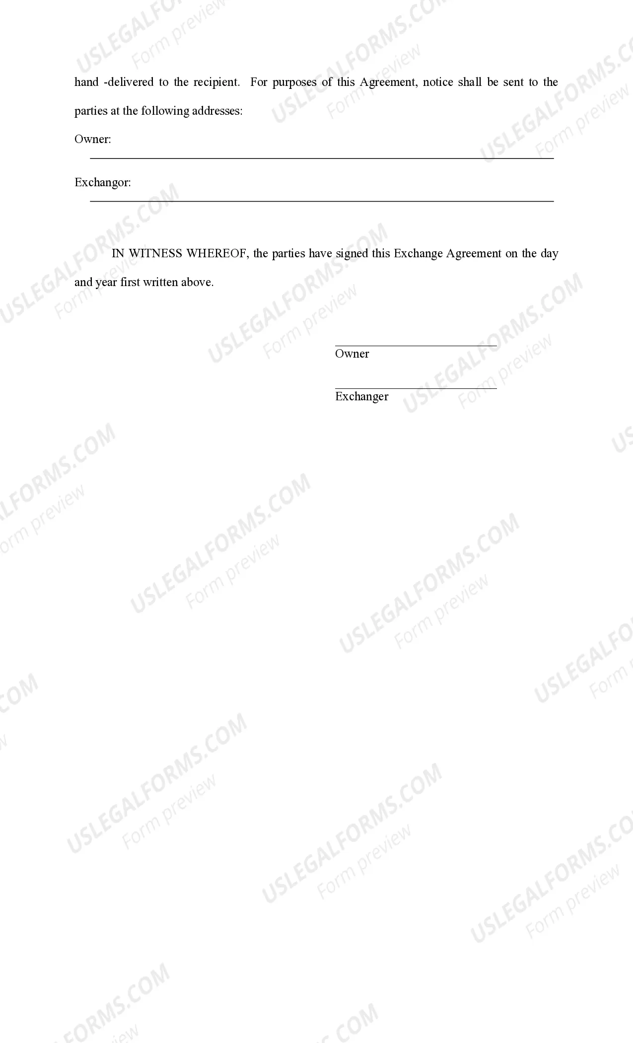 Preview Tax Free Exchange Agreement